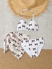 Tween Girls'bow Print Ruffle Trim Tankini Swimsuit - Multicolor - View 3