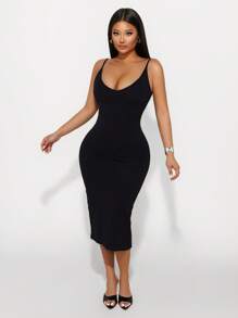 Sirith Seamless Knit Sexy Deep V-Neck Dress ,Bodycon Dress - Black - View 3