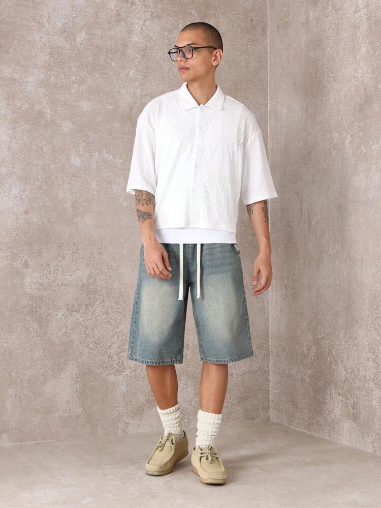 Oversized Crop Textured Short Sleeve Button-Up Shirt