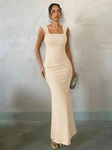 SHEIN BAE 夏季海边沙滩度假浅黄色柔和马卡龙性感露背长裙，适合日常约会，夜间外出，夜店，派对，聚会，酒会，泳池派对，节日装扮