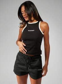 Missguided x Playboy Ribbed Athletic Tank Top Racerback Vest Gym Workout Fitness Sports Basic Summer Sleeveless Slim Fit Performance Training Crop Top Club Streetwear Car Racing - Black - View 3