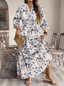 EMERY ROSE Abito lungo con stampa floreale casuale elegante, adatto per primavera e autunno, taglie comode