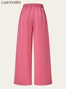 SHEIN Explorewe 1 pieza Pantalones largos casuales y cómodos de tela texturizada blanca de alta calidad para niñas preadolescentes, nueva llegada de verano - Rosa coral - Ver 7