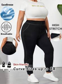 SHEIN CURVE+ Mallas ceñidas informales elásticas con pespuntes visibles para mujer tallas grandes, transpirables que absorben la humedad, para verano, con curvas, para vacaciones Hoho