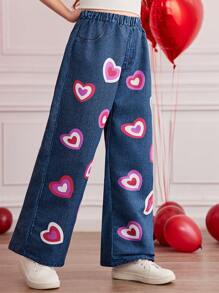 Tween Girl' Pink Heart & Blue Denim Effect Straight Leg Pants - Multicolor - View 5