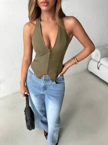 Aloruh Women's Sexy U-Neck Hook Design Open Back Halter Tank Top - Army Green - View 5
