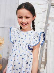 SHEIN Young Girls Sweet Heart Cutout Back Cherry Bow Print Dress - Multicolor - View 5