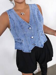 SHEIN ICON Plus Size Denim Casual Fitted Sleeveless Vest, Blue, Summer Beach Vacation, Suitable For Daily Dating, Night Out, Nightclubs, Parties, Get-Together, Pool Parties, Holiday Women, Music Festival, Country Music Festival, Concert, Summer /Cute Summer Tops, Festival/Festival, Rave/Concert/Country Concert /Rave/Rave Festival/Nashville /Ibiza, Elegant, Boho/Bohemia/Boho ;Mother's Day Gift
