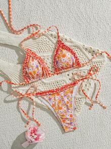 SHEIN Swim 2pcs/Set Hot Selling Summer Fashion Beach Halter Backless Tie Top And Side Tie Swim Shorts Bikini Swimsuit Set - Orange - View 2