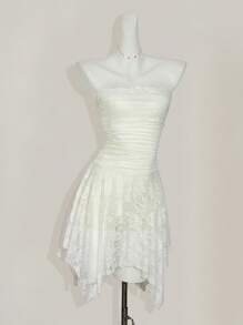 SHEIN ICON 蕾丝褶饰不对称下摆抹胸式迷你连衣裙