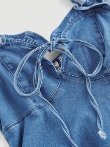 SHEIN MOD 女士性感褶皱修身牛仔连衣裙，带荷叶边，夏季 - 淺色水洗藍 - 查看 3