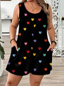 EMERY ROSE Plus Size Colorful Heart Print Casual Jumpsuit,Spring/Summer/Vacation - Multicolor - View 1