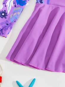 Tween Girl Floral Print Half Zip One-Piece Swimsuit - Violet Purple - View 3