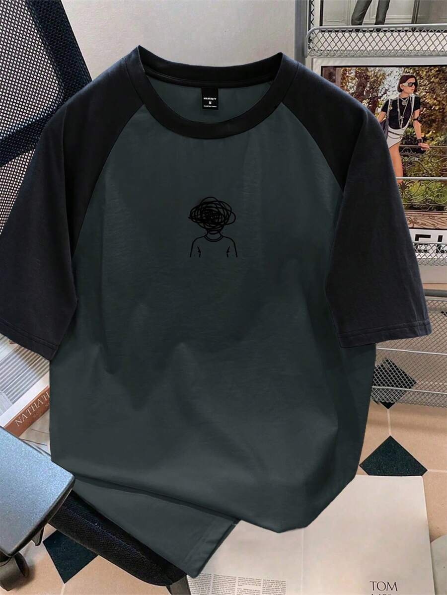 Manfinity Joysei 标准尺寸插肩袖黑灰色男士图案印花休闲 T 恤 - 彩色 - 查看 1