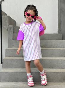 SHEIN Leap Crew 带有可爱动物和条纹图案的年轻女孩针织宽松休闲连衣裙 - 淡紫色 - 查看 3