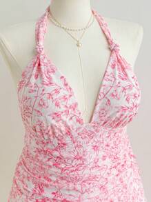 Soleia Plus Size Women Back To School & Vacation Floral Print Halter Tie Asymmetrical Fitted Backless Mini Dress, Early Autumn - Multicolor - View 7