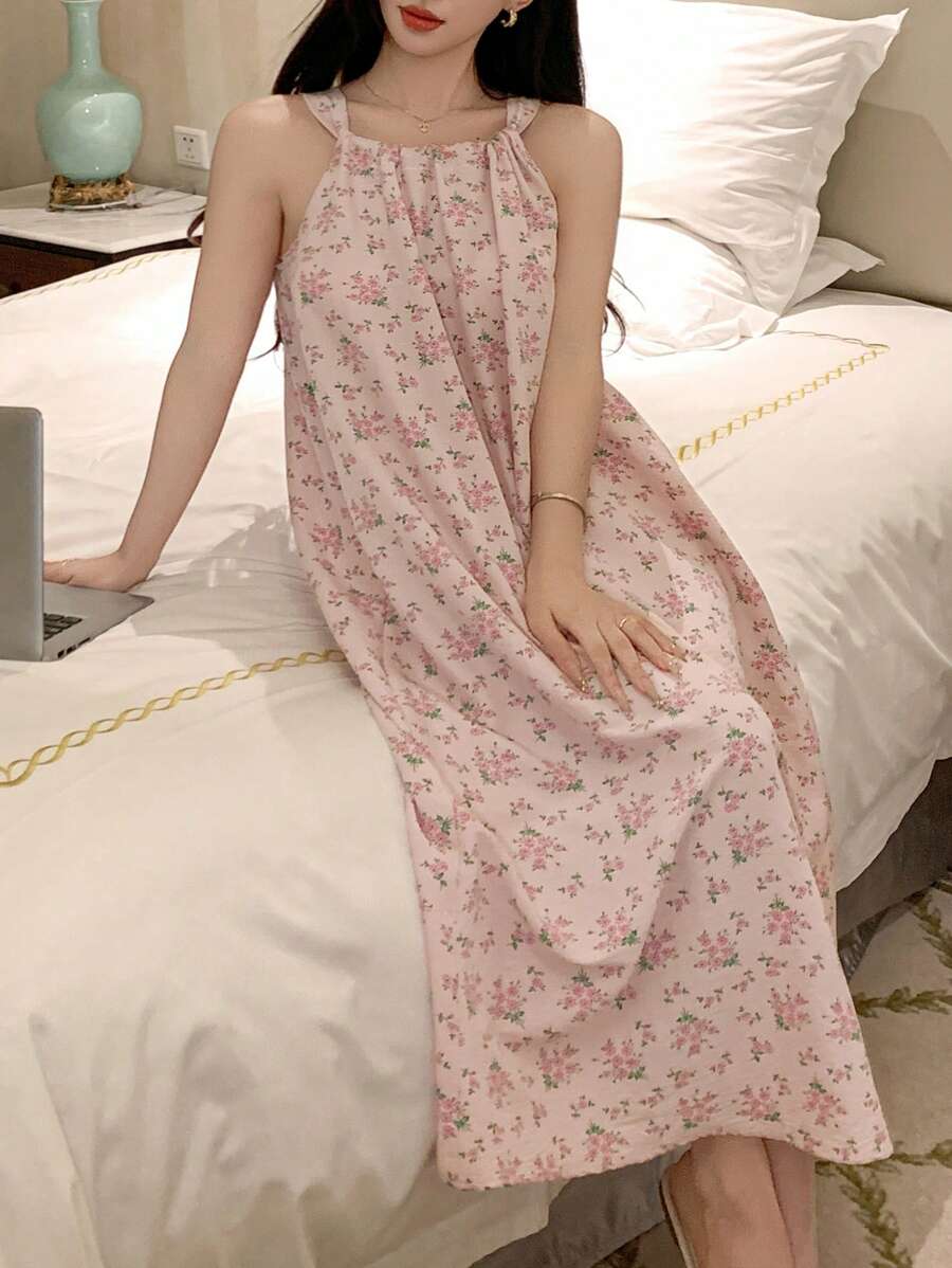 DAZY Textured Ditsy Floral Ruched Halter Nightgown Pajama - Pink - View 1