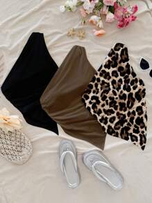 Soleia 3 piezas Blusas informales de mujer con estampado de leopardo simple, aptas para el verano