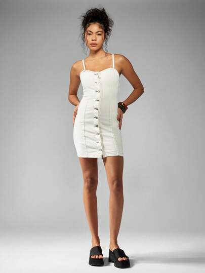 MISSGUIDED Fitted Bodycon Spaghetti Strap Denim Button Front Mini Dress MISSGUIDED