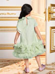 SHEIN Young Girl Sage Green Summer Elegant Wedding Guest 3D Bow Decor Woven Mesh Ruffle Hem Patchwork A-Line Cake Dress,Gorgeous Princess Party Occasions - Green - View 7