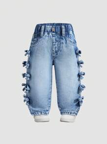 Baby Girls' Fashion Outdoor Versatile Denim Elastic Waist Pants With Side Slit, Bowknot Detail & Washed Denim Design - Medium Wash - View 1