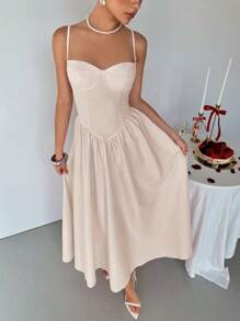 Aloruh 优雅女士细肩带长款 A 字飘逸连衣裙，适合约会、夜总会、派对、聚会、秋季 - 杏色 - 查看 5