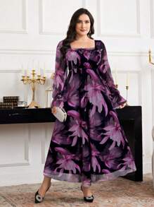 Modelyn Plus Size Pink Floral Mesh Maxi Dress: Elegant Square Neck, Long Sleeve, And Flared Hem For Special Occasions - Pink - View 1