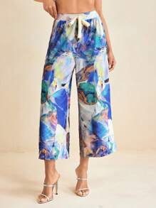 EBIB 夏季蓝色印花网眼直筒宽松裤度假休闲裤