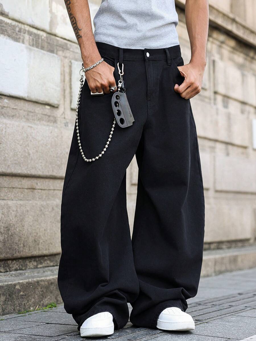 Manfinity EMRG Men's Black Washed Loose Barrel Leg Casual Jeans Hang Out Street Sport College - Black - View 1