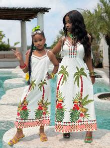 Vestido sin mangas con estampado tropical para niñas preadolescentes, ropa de playa y resort de verano, conjunto a juego de madre e hija (se venden por separado 2 piezas)