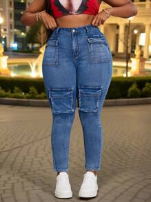 加大码女式弹力个性口袋紧身牛仔裤女式高腰夏季牛仔裤 - 藍色 - 查看 6