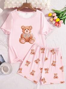 Set de 2 piezas de pijama para niñas preadolescentes, ajustado con estampado de oso de peluche y sakura rosa, top de manga corta y pantalones cortos, cómodo y con estilo
