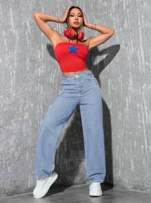 SHEIN EZwear Women's Casual Washed Slant Pocket Straight Leg Jeans - Light Wash - View 3