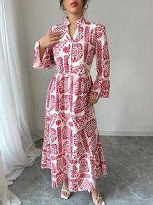 Breezaya Women's Elegant All-Over Print Notched Neck Flare Sleeve Dress - Red - View 4