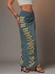 Denimoi Distressed V-Waist Denim Mini Skirt, Casual & Fashionable For Summer - Blue - View 5