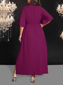 SHEIN Belle Plus Size Solid Color Deep V-Neck Cinched Waist Long Dress, Suitable For Summer - Purple - View 2