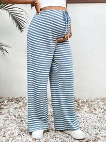 SHEIN Stylish Maternity Knitted Wide Leg Pants In Blue And White Stripes With Comfortable Drawstring Waist For Casual Wear - Blue and White - View 3