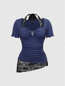 ROMWE Women's Knitted Lace Patchwork Asymmetrical Hem Lace Trim Halter Tie Waist T-Shirt - Navy Blue - View 1
