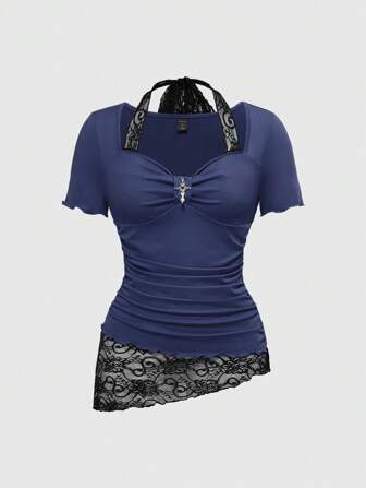 Damen Strick Spitze Patchwork Asymmetrischer Saum Spitzenkante Halter Binden Taille T-Shirt