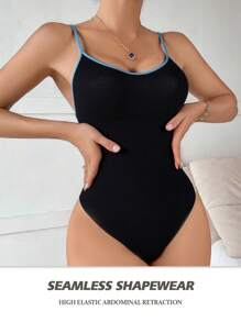 SHEIN 3pcs Seamless Contrast Color Strap Thong Camisole For Women, Waist Cincher & Tummy Control - Black - View 5