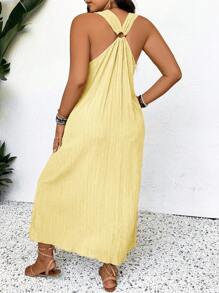 SHEIN Frenchy 大码无袖纯色连衣裙，休闲度假 - 黃色 - 查看 2