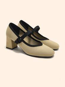 CUCCOO BASICS Women's Fashion Versatile Comfortable Mary Jane Pearl Contrast Color High Heel Pumps - Apricot - View 2