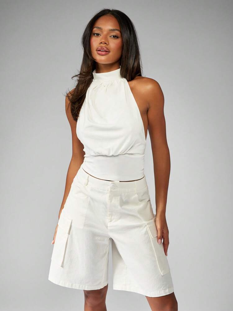 MISSGUIDED Ruched Halter Neck Summer Top Sleeveless Fitted Cropped Blouse Party Evening Fashion Tank Cami Stretchy Slinky Stylish Festival Concert Club Wear