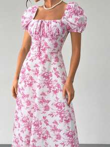 SHEIN Privé 女士花朵性感方领泡泡袖花卉印花前系带连衣裙，波西米亚风连衣裙，适合情人节、音乐会、表演、约会、派对、庆典、婚礼季节、性感、优雅、通勤、返校、度假、海滩、浪漫 - 粉色 - 查看 6