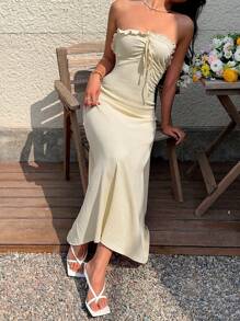 Sunnyshic 女士休闲纯色吊带连衣裙，夏季 - 淡黃色 - 查看 6