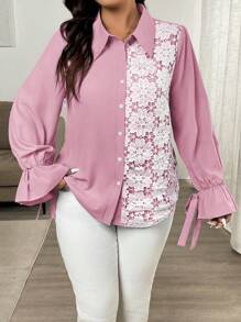 Flirla Plus Size Women's Elegant Shirt Collar Solid Color Spliced Floral Print Long Sleeve Tie Front Blouse - Dusty Pink - View 6