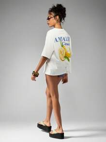 MISSGUIDED Amalfi Coast Italian Lemon Print Oversized T-Shirt Summer Beach Vacation Travel Mediterranean Holiday Casual Cotton Jersey Top - White - View 3