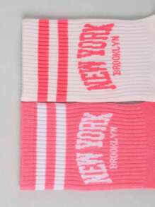 NEARLY THERE 2 Pairs Striped Pink And White New York Pattern Women Mid-Calf Socks - White - View 3