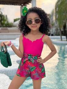 SHEIN Leap Crew Young Girl Daily Casual Vacation Fashion Solid Color Patchwork Printed Romper - Hot Pink - View 5
