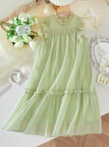 Vestido de tutú de princesa para niñas en verano con cuello redondo, sin mangas, decoración de perlas y tela de malla